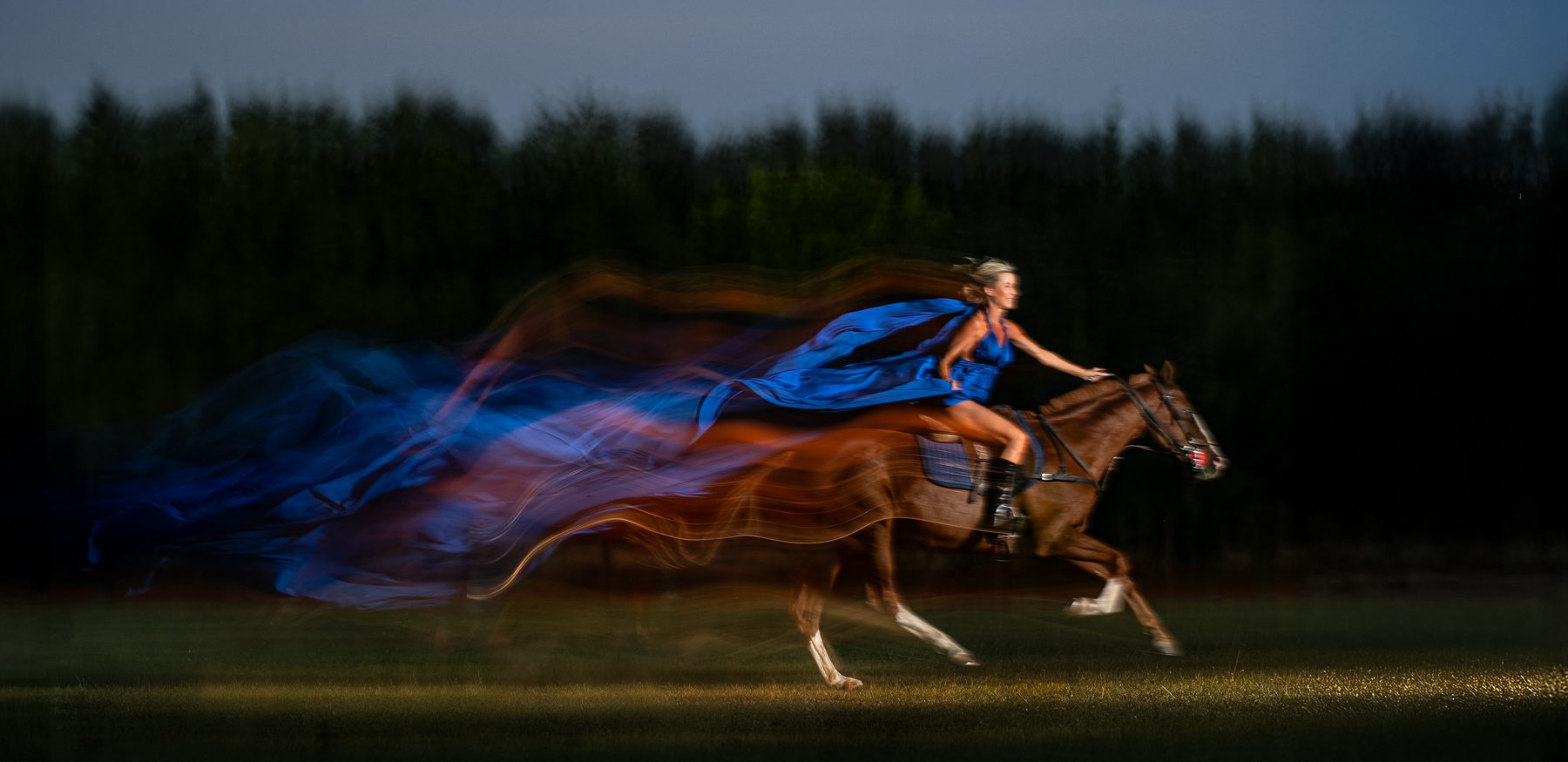 Equestrian editorial, long exposure, in a blue dress