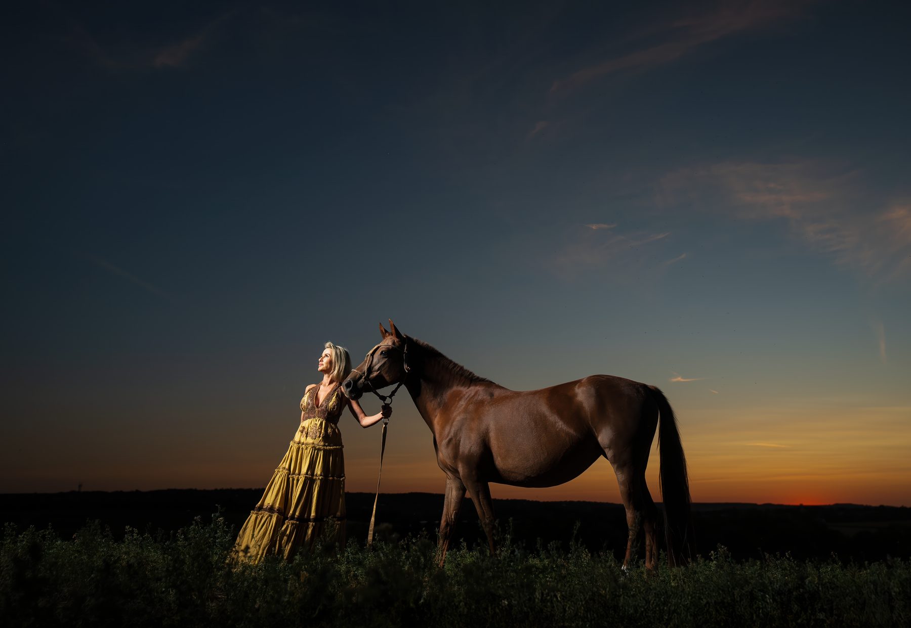 Portrait with a horse, at sunset