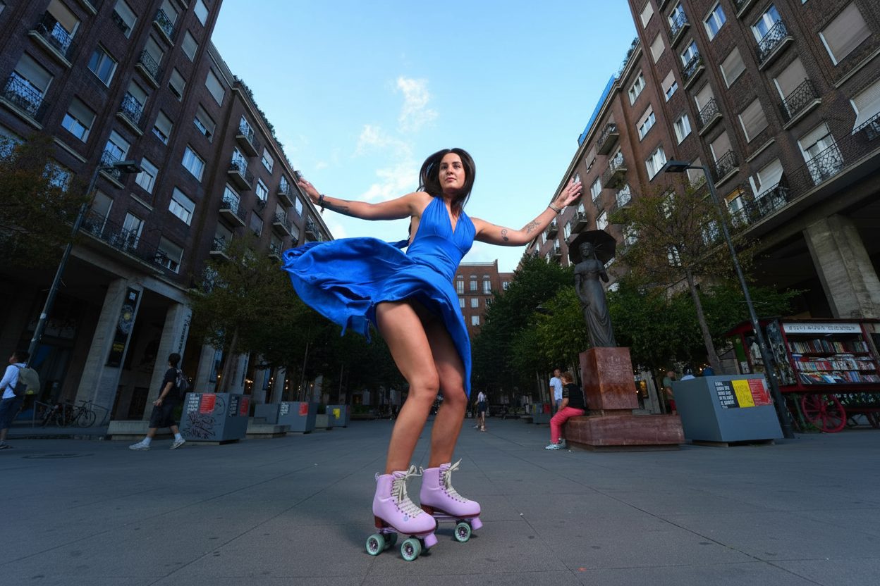 Street portrait, in a blue dress, on roller skates